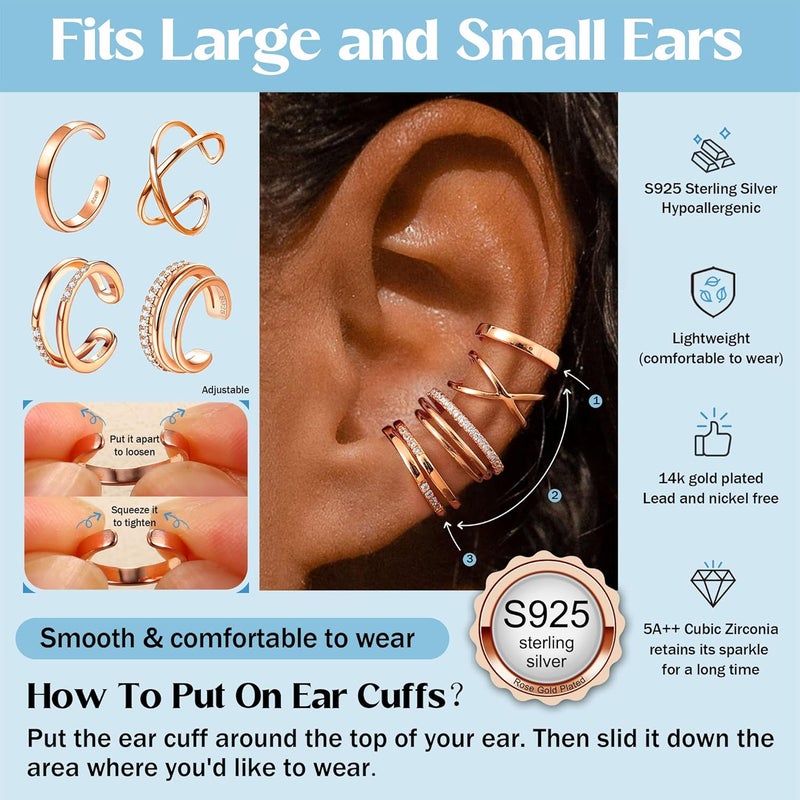 JeryWe 4 Pcs 925 Sterling Silver Ear Cuff for Women Non Piercing Adjustable Ear Cuff Earrings Clip On Cartilage Helix Wrap Ear Jewelry Set - Image 2